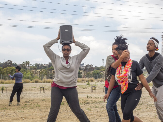 Taisha Paggett's WXPT dance group rehearses 'Evereachmore' along the banks of the L.A. River as part of Clockshop's Bowtie Project. 