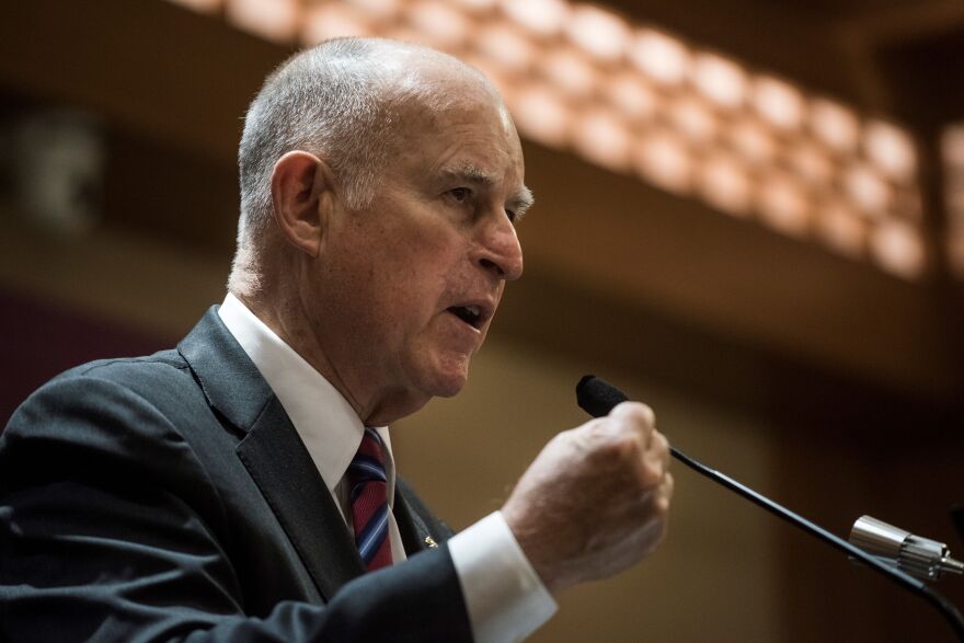 In this picture taken on June 8, 2017, California Governor Jerry Brown speaks during an energy policy conference in Beijing.
China treated a US governor to a red carpet reception this week, while President Donald Trump's energy chief received a low-key greeting, a signal that Beijing is ready to go around the White House in the battle against climate change. / AFP PHOTO / FRED DUFOUR / To go with  China US politics environment climate, Focus by Allison Jackson        (Photo credit should read FRED DUFOUR/AFP/Getty Images)