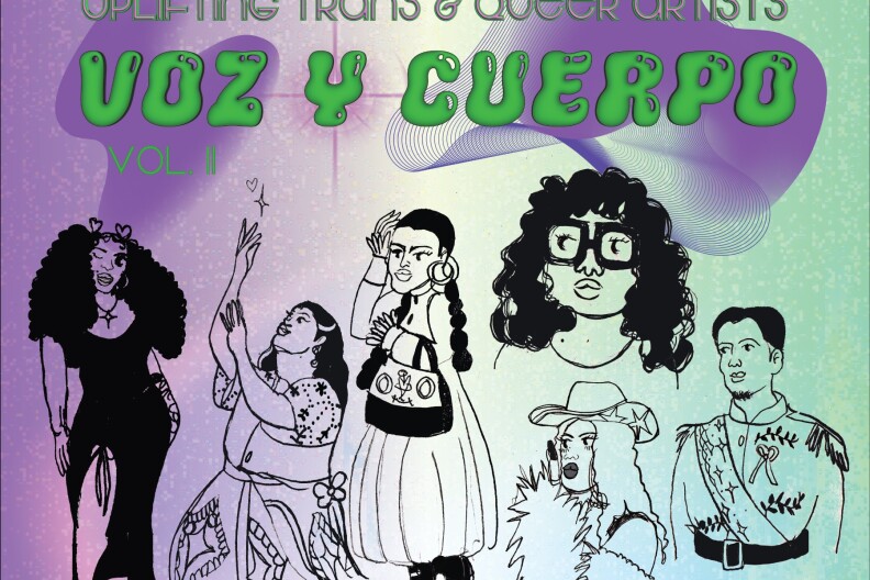 Purple and green gradient poster for the "Voz y Cuerpo Vol. II" event with 6 cartoon drawings and green lettering.