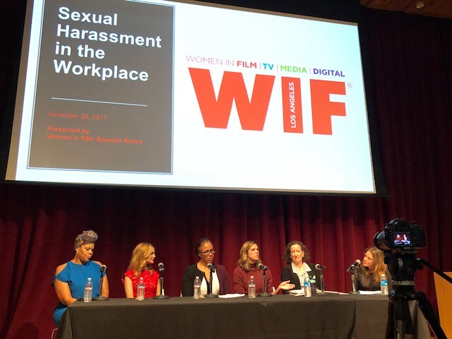 Women In Film (WIF) event on Sexual Harassment in the Workplace with panelists (L-R) Tracy Twinkie Byrd (Casting Director), Heather Graham (Actress/Writer/Director), Kathleen Tarr (Former Practicing Attorney, Author), Rosette Laursen (Actress/Writer), Cynthia Bamford (Partner at Bowles Law), Cathy Schulman (President, WIF, President/CEO Welle Entertainment)