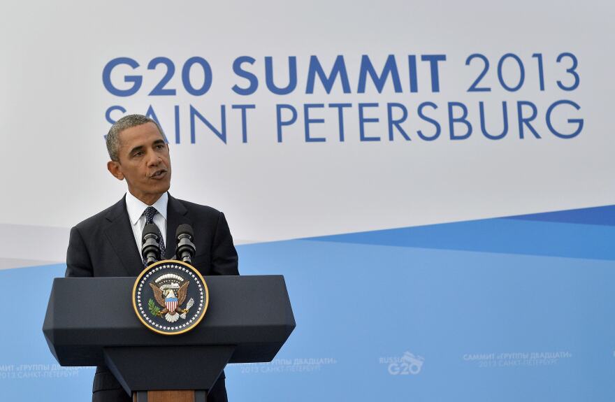 US President Barack Obama speaks during a press conference in Saint Petersburg on September 6, 2013 on the sideline of the G20 summit. World leaders at the G20 summit on Friday failed to bridge their bitter divisions over US plans for military action against the Syrian regime, with Washington signaling that it has given up on securing Russia's support at the UN on the crisis.