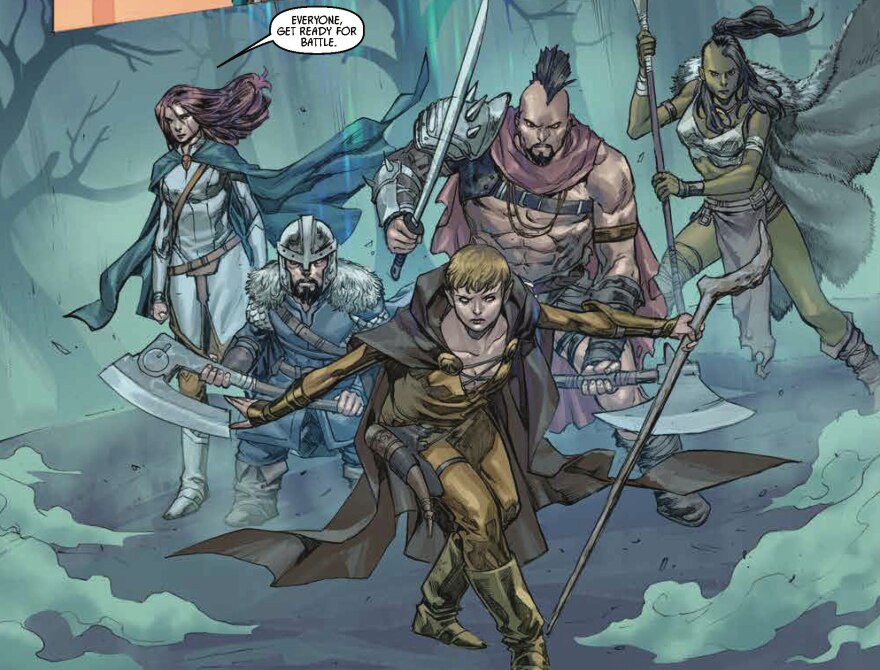 A drawing showing a fantasy-style group, with an elfish woman in front with eyes lacking pupils, a dwarf with an axe to her left, a woman in a green cape behind him saying "Everyone, get ready for battle," a warrior with a sword and an axe with a spiked arm covering and a mohawk, and an orcish-looking green woman in the back right wearing a fur cape and carrying a spear. They are in a dark forest with fog around.