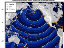 A map shows the location of the 8.1 earthquake off the Alaskan cost with radiating waves indicating the expected arrive time of any significant waves.