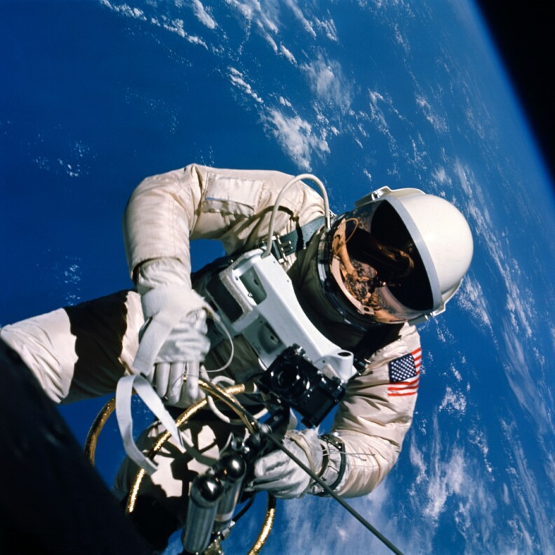 Astronaut Ed White, who performed the first US spacewalk on June 3rd 1965, as part of the Gemini IV mission.