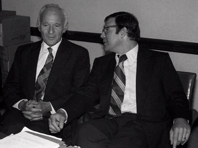 Scientist Sidney Gottlieb (left), supervisor of CIA experiments during Cold War that included use of LSD and other mind-altering drugs, during a Select Committee on US Intelligence to explain some of his research in 1977.