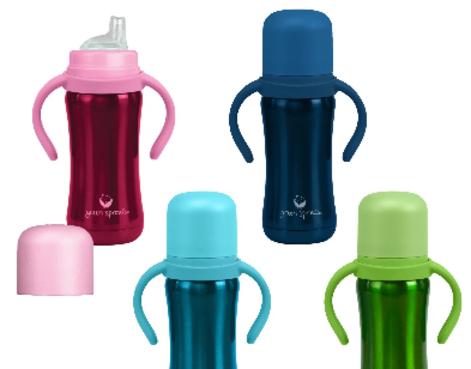 a picture of pink, teal, blue and green sippy cups. 