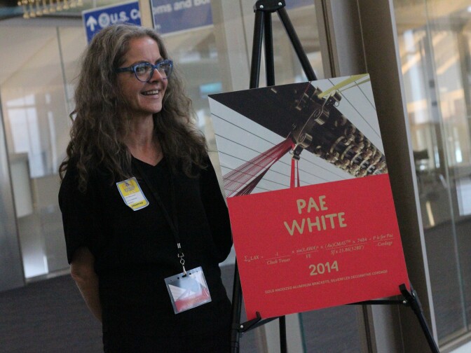 Artist Pae White, whose artwork is strung along above the 'sterile corridor' inside LAX's Tom Bradley International Terminal. 