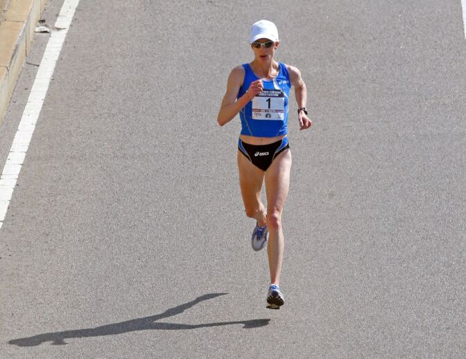 CAMBRIDGE, MA. - APRIL 20: Deena Kastor #1 takes the lead from Magdalena Lewy-Boulet in the U.S. Women's Olympic Marathon Trials run along the Charles River April 20, 2008 in Cambridge, Massachusetts. (Photo by Jim Rogash/Getty Images) *** Local Caption *** Deena Kastor