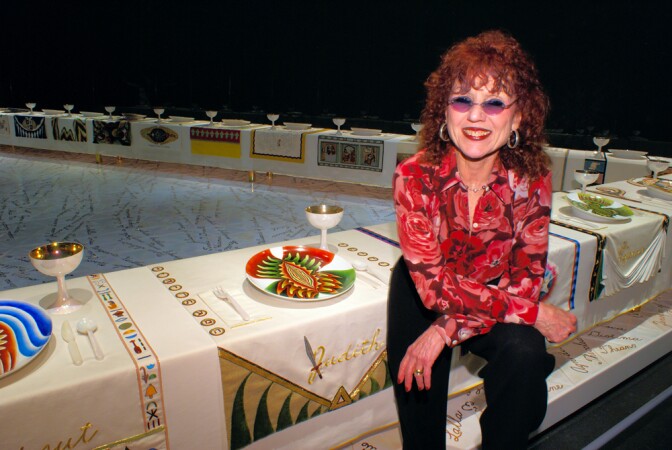 Artist Judy Chicago at the Brooklyn Museum with her famous "Dinner Party" piece.