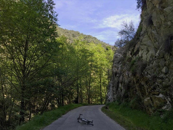 A lone bicycle lays on its side in the middle of a tranquil and shaded path, lined on the left by towering trees and on the right by a steep rock face: Up ahead are blue skies, sunshine and mountain views.