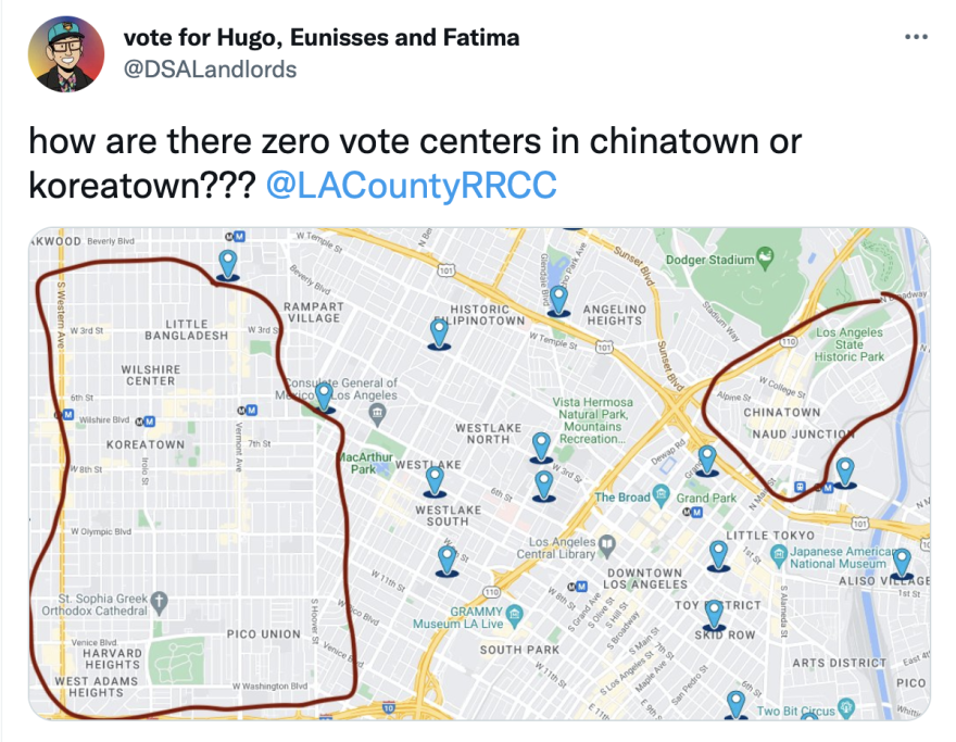 A map shows two red lines around Chinatown and Koreatown demonstrating that there were no planned vote centers in either neighborhood