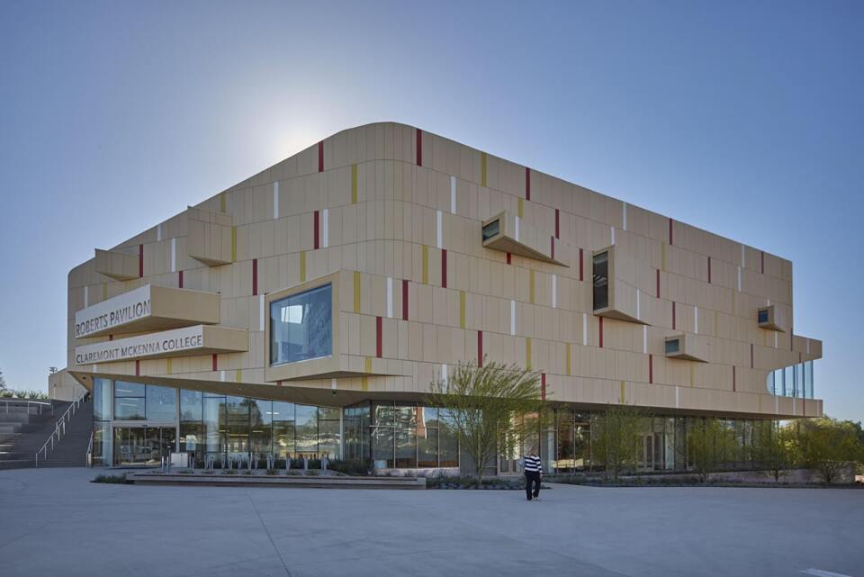 The exterior of the Roberts Pavilion at Claremont McKenna College, which officially opens in a few months.