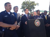 Mayor Eric Garcetti called for peaceful protests against the Trayvon Martin verdict Tuesday afternoon. He was joined by LAPD Charlie Beck (far left), City Attorney Mike Feuer, and County Supervisor Mark Ridley-Thomas (far right).
