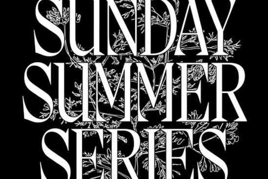 A digital, black and white poster for the Sunday Summer Series with various restaurants participating. 