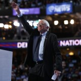 Sen. Bernie Sanders (I-VT) acknowledges the crowd before delivering remarks on the first day of the Democratic National Convention at the Wells Fargo Center in Philadelphia, Pennsylvania. 