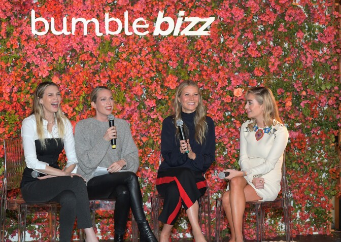 MALIBU, CA - NOVEMBER 15:  Sara Foster, Erin Foster, Gwyneth Paltrow, and Whitney Wolfe Herd speak onstage Bumble Bizz Los Angeles Launch Dinner At Nobu Malibu at Nobu Malibu on November 15, 2017 in Malibu, California.  (Photo by Charley Gallay/Getty Images for Bumble)