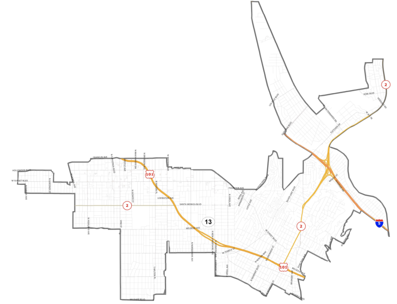 Map shows boundaries of District 13 which includes all or some of the following communities of Atwater Village, East Hollywood, Echo Park, Elysian Valley, Glassell Park, Historic Filipinotown, Hollywood, Larchmont Village, Little Armenia, Melrose Hill, Rampart Village, Ridgewood-Wilton, Silver Lake, Spaulding Square, St. Andrews Square, Sunset Square, Thai Town, Verdugo Village, Virgil Village, Western-Wilton, Westlake, Wilshire Center and Windsor Square.