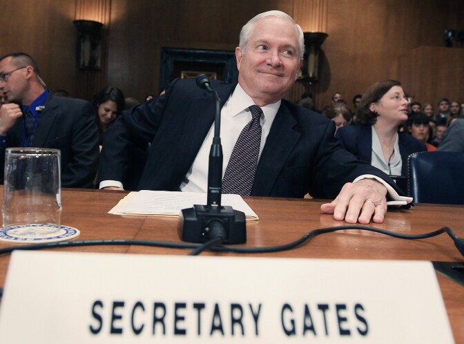 Former U.S. Defense Secretary Robert Gates smiles while participating in a Senate Defense Subcommittee hearing on proposed budget estimates for FY2012 for the Defense Department, on June 15, 2011 in Washington, DC.