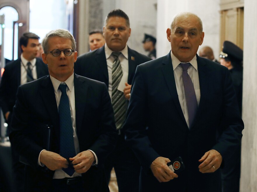 WASHINGTON, DC - MAY 24:  White House Chief of Staff John Kelly (R) and White House lawyer Emmet Flood (L) arrive to attend a briefing with members of the so-called 'Gang of Eight' at the U.S. Capitol May 24, 2018 in Washington, DC. The bipartisan group of senators requested a briefing from Coats, Federal Bureau of Investigation Director Christopher Wray and other intelligence officials about the FBI's use of a confidential intelligence source in the Russia investigation. The "Gang of Eight" consists of the top Republican and Democratic members of the House and Senate intelligence committee as well as congressional leaders from both parties.  (Photo by Mark Wilson/Getty Images)
