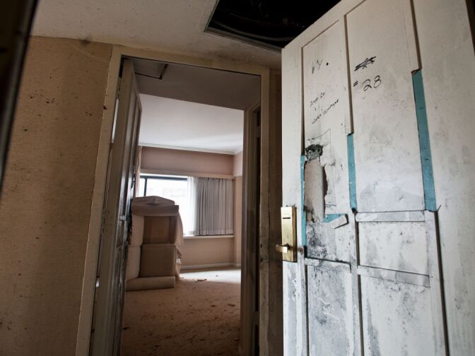 Remnants from practice explosions by the LAPD remain on the 14th floor.