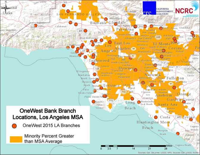 A map created by housing advocates purports to show OneWest Bank locations in relation to minority communities in the greater Los Angeles area.