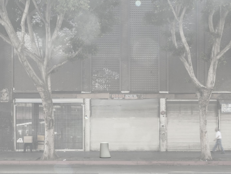An artist's rendering of sculptural marker on a city street in Los Angeles where a pedestrian is walking.