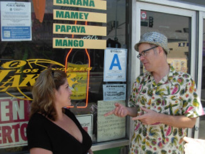 Porky’s owner Mercedes with tour guide Charles Phoenix.