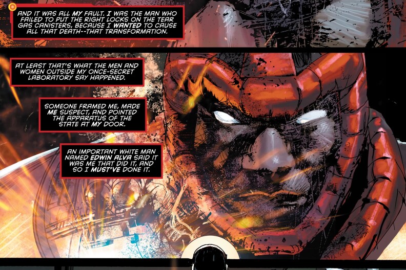 A page from the Hardware comic showing Hardware, a Black man in a metal superhero suit.