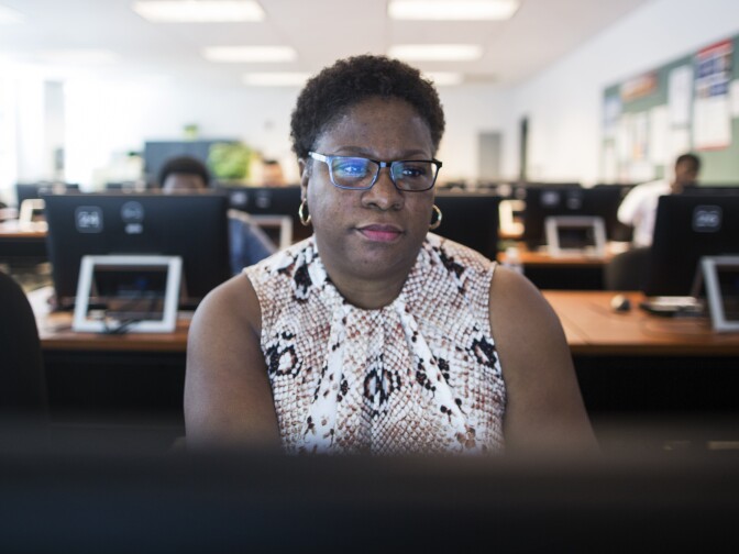 Sharon Persip, 54, takes part in an inventory management class in the Technology & Logistics Program at East Los Angeles College on Tuesday, Dec. 8, 2015. Persip, of Compton, worked as a respiratory therapist for 13 years and decided to make a career change.