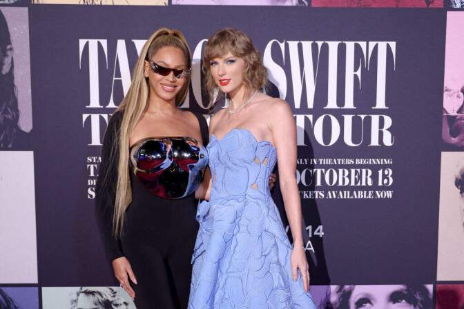 Beyoncé Knowles-Carter and Taylor Swift attend the "Taylor Swift: The Eras Tour" Concert Movie World Premiere at AMC The Grove 14 on October 11, 2023 in Los Angeles, California. (John Shearer/Getty Images for TAS)