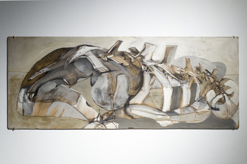 Jan Stussy: Untitled (carcass), c. 1964, acrylic and charcoal on Masonite, 24 x 60 in., Woodbury University. At "The Human Beast: Art of Maxine Kim Stussy & Jan Stussy," at WUHO (6518 Hollywood Blvd., Los Angeles, CA 90028) through February 9.