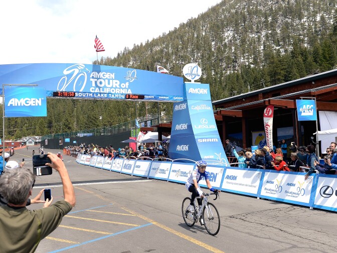 SOUTH LAKE TAHOE, CA - MAY 08:  Katie Hall riding for UnitedHealthcare Pro Cycling crosses the finish line to win stage one of the 2015 Amgen Tour of California women's race at the Heavenly Mountain Resort on May 8, 2015 in South Lake Tahoe, California.  (Photo by Harry How/Getty Images)
