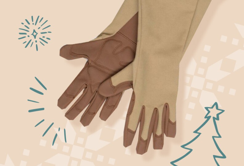 A pair of heavy-duty brown and taupe gardening gloves