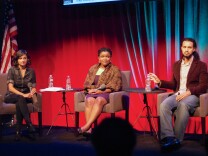 KPCC's crime and safety reporter Rina Palta moderating panel with Jamecca Marshall, Policy Manager for Urban Peace, Advancement Project California, and Daniel Castillo, Urban Scholars/BMYA Program Manager, Social Justice Learning Institute.