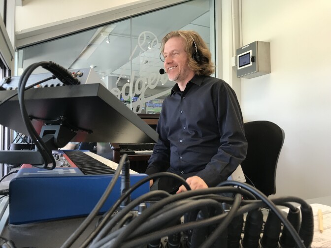 Dodgers' organist Dieter Ruehle in his perch at Dodgers Stadium.