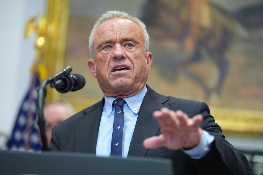 A man with white hair wearing a grey suit and blue ties speaks into a microphone. He is holding his left hand up, standing at a podium with a blurred painting in the background.