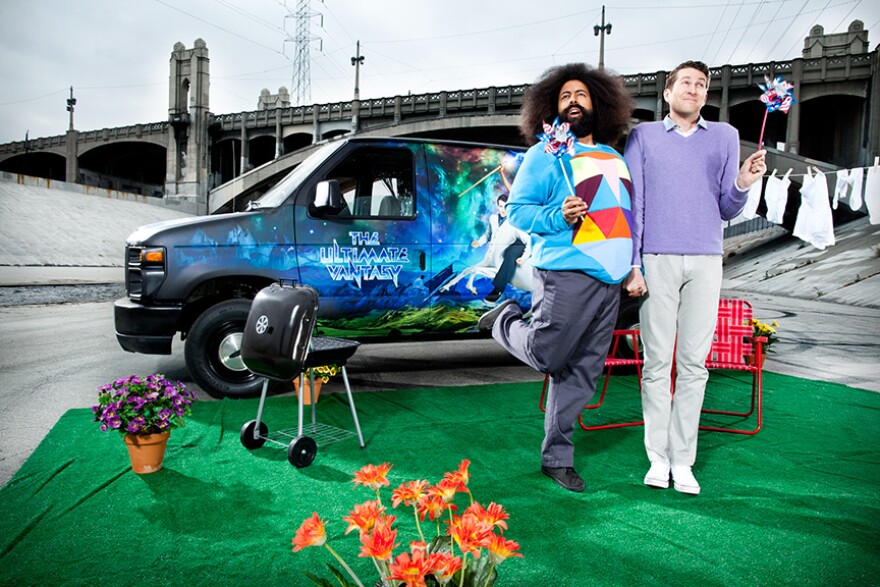 "Comedy Bang! Bang!" host Scott Aukerman and bandleader Reggie Watts pose in the L.A. river.