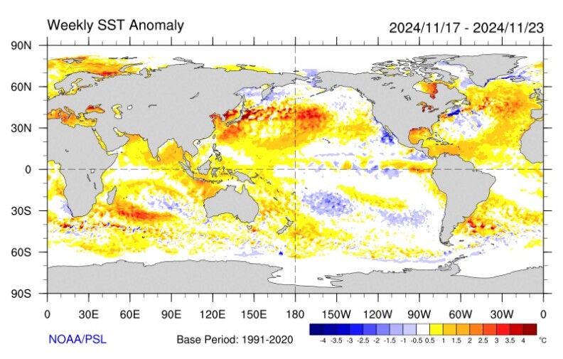 A map of earth showing hot blobs across our oceans.