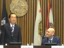 Japan’s former Prime Minster Naoto Kan (left) and Gregory Jaczko, the ex-chair of the Nuclear Regulatory Commission (NRC), at a meeting in San Diego on June 4, 2012 about the future of nuclear energy.
