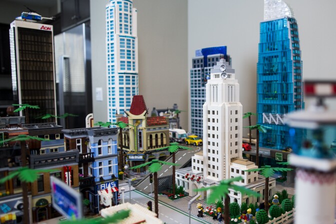 A Lego version of Los Angeles City Hall stands as part of Jorge Parra Jr.'s Lego version of LA, which spans about eight by nine feet.