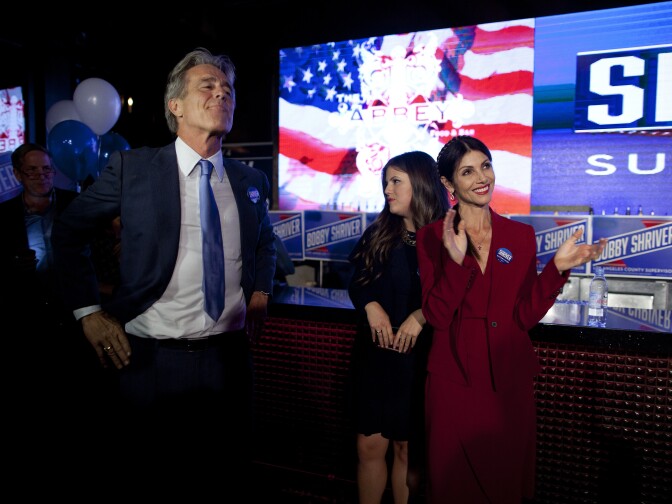 Los Angeles Supervisor candidate Bobby Shriver prepares to take the stage to address the crowd at his campaign party at The Abbey in West Hollywood.