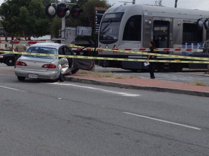 A Metro train collided with a Toyota Corolla Sunday, briefly shutting down service on the Gold Line. 