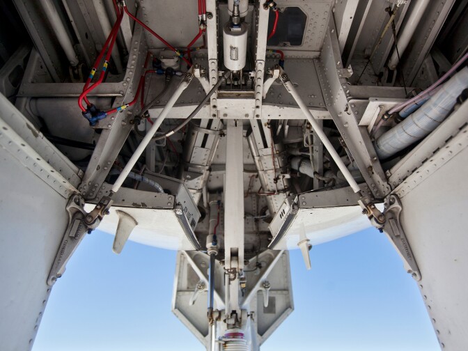 Underneath a S-2T air tanker, which holds 1,200 gallons of fire retardant. This S-2T is one of 23 former military tankers that have been converted for Cal Fire's use during wildfires.