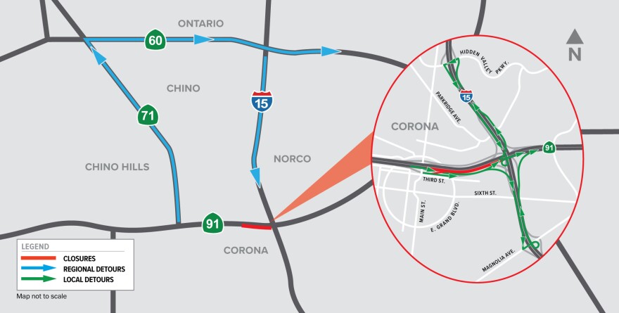 A map shows a section of the 91 Freeway that will be closed over the weekend, indicated with a red line.