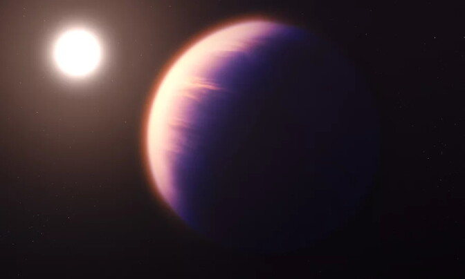 An illustration shows two celestial bodies against a black sky. One, in the upper left-hand corner, looks like the sun. The other, in the foreground of the photo, looks very bright with purple-ish coloring. 