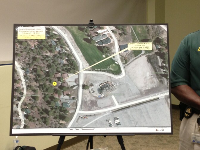 A San Bernardino County Sheriff's Department map showing locations of various incidents in the manhunt for alleged murderer and ex-LAPD officer Christopher Dorner.