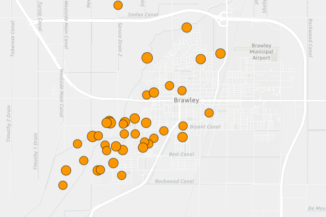 A bunch of orange spots on a map