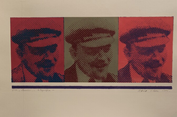 A screen print of three images of Vladimir Lenin