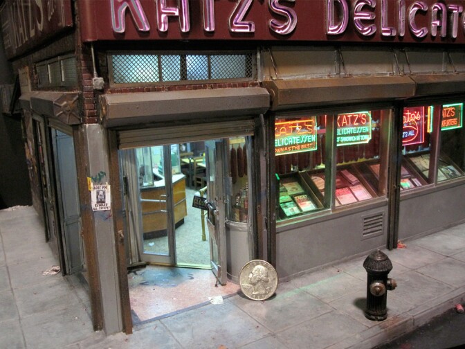 Alan Wolfson's detailed, tiny rendering of Katz's Deli ... note the real quarter for scale.