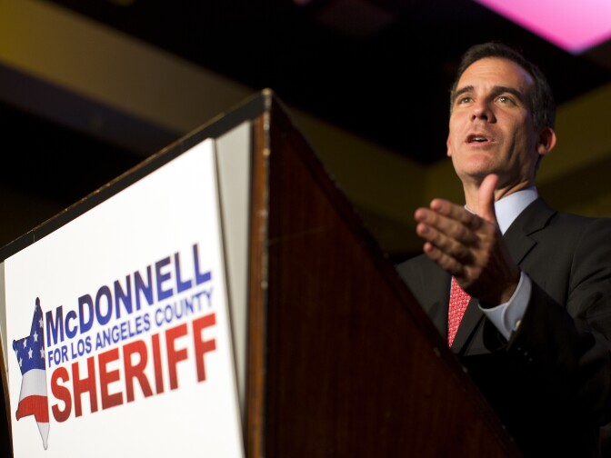Mayor Eric Garcetti speaks during an election party for new Los Angeles County Sheriff Jim McDonnell on Tuesday night, Nov. 4, 2014 at the JW Marriott at LA Live.